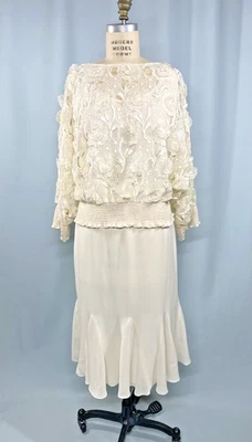 Conjunto de Vestido Vintage TAMANHO GRANDE Marfim Floral Recortado ANDREE GAYE Flapper Anos 80 Anos 90 - Imagem 1 de 4