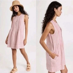 Faherty Isha Linen Dress Womens XL Striped Mini Pockets Beachy A-Line Popover - Picture 1 of 11