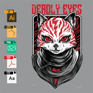 Camiseta Deadly Eyes Cat diseño vectorial | Obra de arte editable premium + fuentes incluidas - Imagen 1 de 4