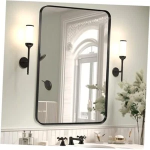 Wall Mount Mirror for Bathroom, Brushed Metal Framed Rounded 36"L x 24"W Black - Picture 1 of 8