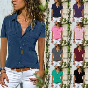 Womens Button Down T shirt Collar Blouse Ladies Work Office Short Sleeve Tops US - Picture 1 of 29