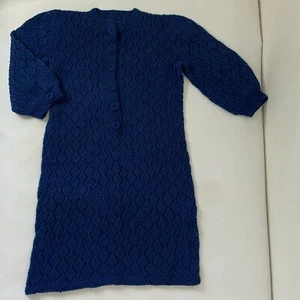 Vintage Sweater Dress Women M/L* Crochet Knit Blue Puff Sleeve Button Handmade - Picture 1 of 11