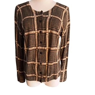 Talbots Petite Large PL Merino Wool Cardigan Sweater Women's Brown Black Check - Image 1 of 4