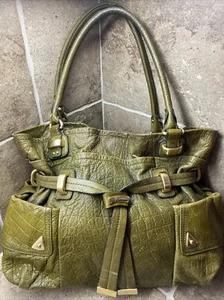 B. Makowsky Croc Embossed Olive Green Leather Bow Shoulder Bag Satchel - Picture 1 of 9