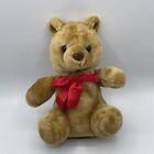 Vintage Brown Teddy Bear Plush Baby Sitting Classic Red Bow Stuffed Animal 9inch