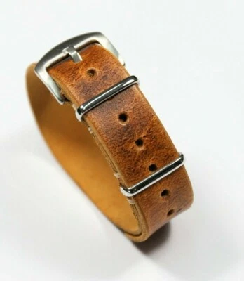 One piece distressed leather watch band Military single pass strap 18 20 22 24mm - Image 1 of 4