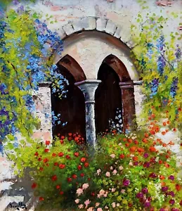 ITALIAN PAINTING MULLIONED WINDOW FLOWERS ORIGINAL ANDREA BORELLA PAINTER ITALY - Picture 1 of 14