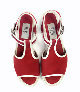 Vintage 90s Nine West Red & White Canvas Sandals Buckle Shoes Sz 7-7.5