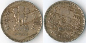 India 1998 5 Rupees Mumbai KM# 154.1 Cu-Ni Ashoka Lion Capitol Lotus Flowers - Picture 1 of 3