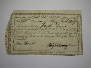 1790 One Pound Connecticut Comptroller's Office banconota coloniale Pomeroy! - Foto 1 di 2