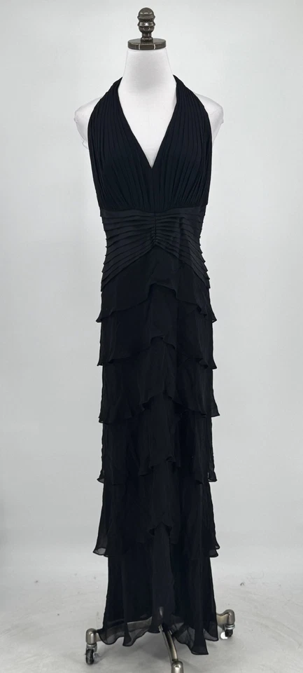 Vestido maxi Tadashi Collection preto de seda plissado com babado halter longo tamanho 8 - Imagem 1 de 4