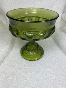Vtg Indiana Glass Kings Crown Thumb Print Candy Dish Compote Avocado Green EUC - Picture 1 of 9