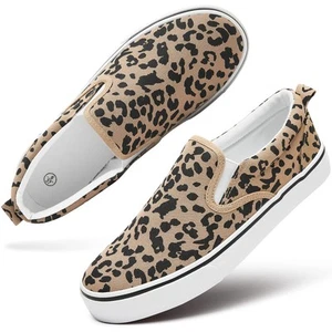 Women's Canvas Slip On Sneakers Fashion Flats Shoes White Canvas Shoes (Leopa... - Picture 1 of 9