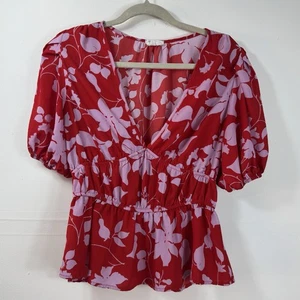 Sienna Sky Women’s  size XL Peplum Puff Sleeve Top V-neck Red Pink Floral - Picture 1 of 5