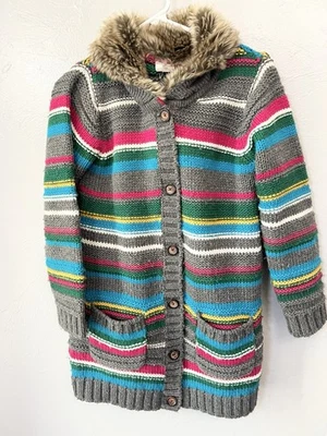 Chaqueta Suéter Hanna Andersson Niñas Talla 12 150 Plumero a Rayas Borde de Piel Sintética Foto 1 de 4