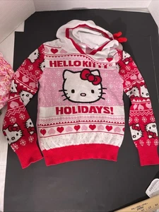 Hello Kitty Sweater Hearts Fair Isle Cat Ear Hood Girls Medium - Picture 1 of 11
