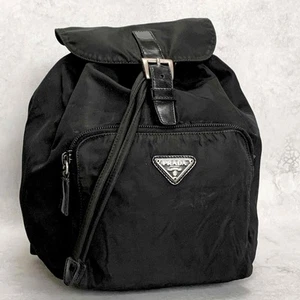 PRADA Bag Backpack Black Nylon Purse Triangle Logo Silver Leather Authentic - Picture 1 of 20