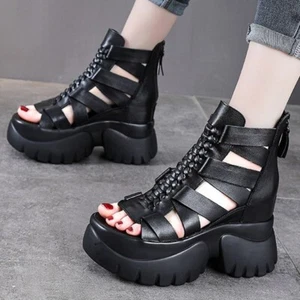 Summer Ankle Boots Women Genuine Leather Strappy Platform Wedge Sandal Gladiator - Picture 1 of 9