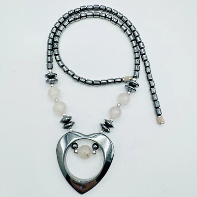 Handmade Hematite Heart Pendant Necklace White Cats Eye Beads Barrel Clasp 18.5" - Image 1 of 4