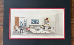 Original MCM Painting Interior Rendering Architecture VTG Art Drawing E. Levin - Picture 1 of 9
