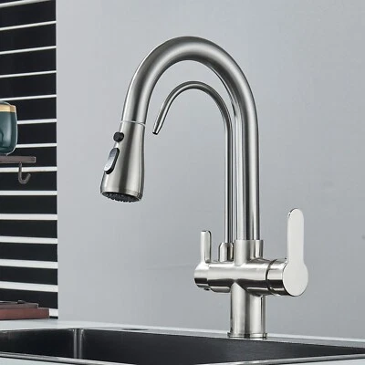 Grifo mezclador de níquel cepillado de 1 agujero para fregadero de cocina con rociador extraíble de 2 manijas Foto 1 de 4