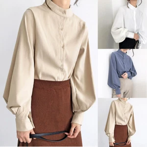 Autumn Winter Blouse Women Stand Collar Shirts Lantern Sleeve Single Breasted - Picture 1 of 16