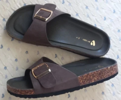 VERY Flatbed Sandals UK 5 Mocha Faux Suede Buckle Fastener New In Box - Image 1 of 4