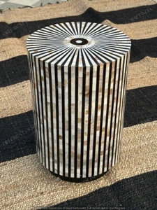 Indian Black and White Cylinder Table with Mother of Pearl Bone Inlay Home Decor - Picture 1 of 3