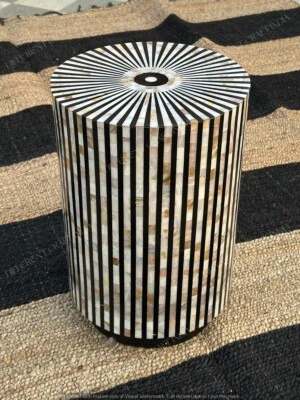 Indian Black and White Cylinder Table with Mother of Pearl Bone Inlay Home Decor - Image 1 of 3