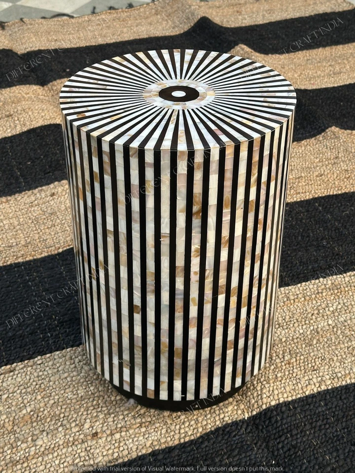 Indian Black and White Cylinder Table with Mother of Pearl Bone Inlay Home Decor - Image 1 of 3