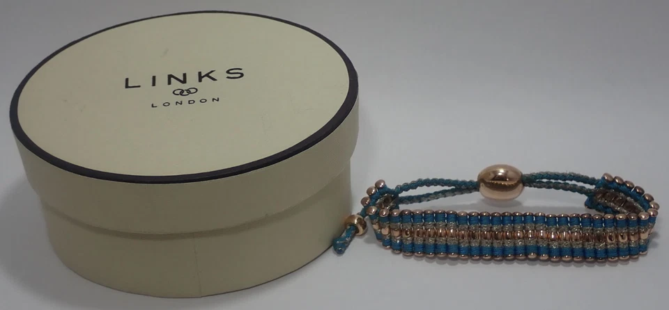LINKS OF LONDON 35 BAR 14K ROSE GOLD FRIENDSHIP BRACELET w/ ADJ. CORD & BOX - Image 1 of 4