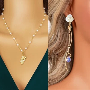 Imitation Pearl Gold Chain Leaf Pendant Necklace Tassel Chain Dangle Earring set - Picture 1 of 5