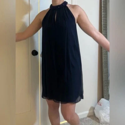 Vestido de cóctel Diane Von Furstenberg Lainey azul marino seda escote embellecido talla 4 Foto 1 de 4