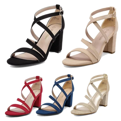 Sandalias de tacón bajo grueso con correa en el tobillo punta abierta para mujer boda fiesta Foto 1 de 4