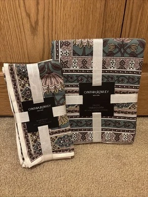 Cynthia Rowley Tablecloth & (4) Napkins  Flowers Green Plum  86” x 60” Cotton - Image 1 of 4