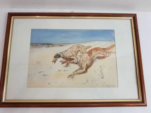2 Barsoi Barzaia Windhunde Aquarell Original sign H. Reisser - Bild 1 von 4