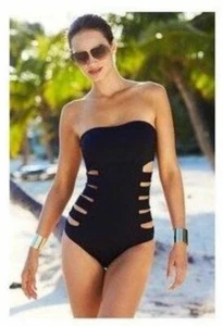 Kenneth Cole Bandeau Splice Mio One Piece Black Cut Out Swim Bathing Suit S - Picture 1 of 9
