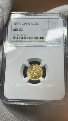 1873 $1 Indian Princess Head Gold Coin Open 3 Type 3 NGC MS62 Cover