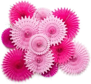 SUNBEAUTY Pack of 12 Hanging Honeycomb Paper Fans Hot Pink Party Wd-rose - Picture 1 of 7