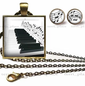 Set orecchini collana note musicali pianoforte e catena ciondolo superiore vetro regalo 3 pezzi - Foto 1 di 4