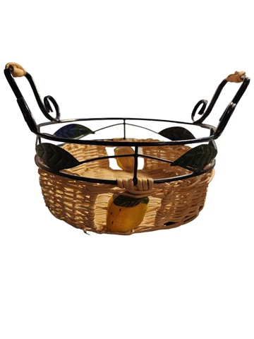Vintage Rattan With Metal Handles Lemon Basket Navy Blue Green Yellow 7"x5" Cover