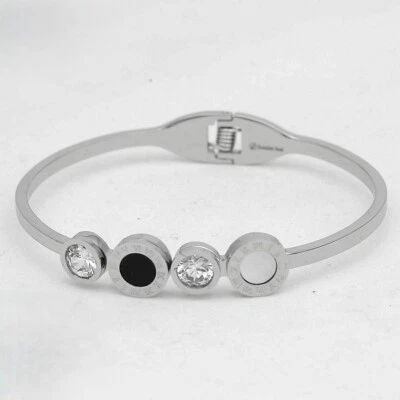 Women's 6.5" Stainless Steel Silver Cuff Bangle CZ Onyx Number Bracelet*Box - Image 1 of 3