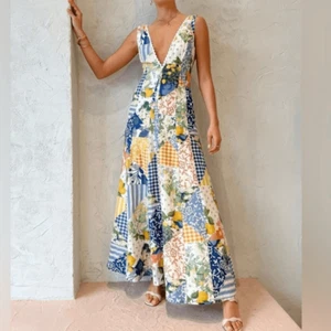 Commense Long Dress Patchwork Print Lace Trim Flowy Lemonade Sleeveless XL NEW - Picture 1 of 15
