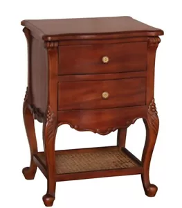 Solid Mahogany French Normandy Bedside Table Two Drawer Low Rattan Shelf BS033 - Picture 1 of 1