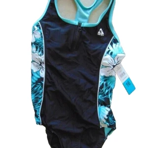 NWT ~ Gerry Girl's Swimsuit, One-piece Size 16 Turquoise & Blk Tropical Beach  - Picture 1 of 9