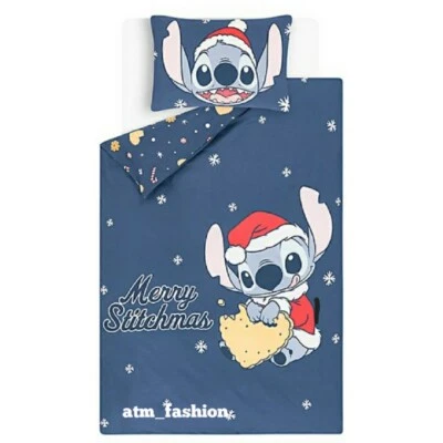 Disney Stitch Navy Reversible Christmas Single Duvet Set Bedding Set Home Decor