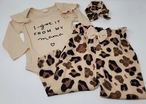Bodysuit Set Infant Girls Sz 12-18 M Ruffle Leopard Romper Top Pants Headband - Picture 1 of 9