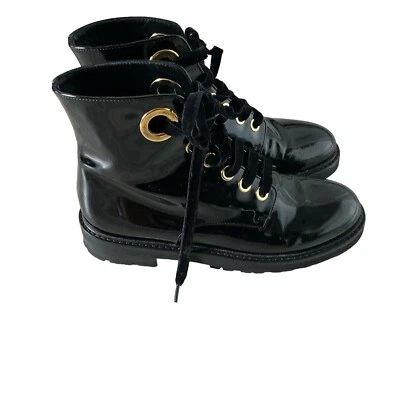 AGL Combat PATENT LEATHER Boot BLACK MOTO BIKER GOLD HARDWARE 38 - Image 1 of 4