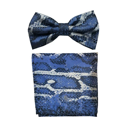 Conjunto de pajarita y pañuelo preatado para hombre poliéster azul animal serpiente estampado boda  Foto 1 de 3