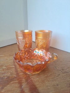 Vtg Marigold Carnival Glass Northwood 2 Tumblers Grape Handle Dish Bowl Set - Picture 1 of 9